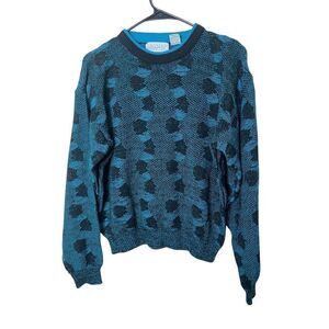Vintage 1980s Sweater Graphix crew-neck knit sweater turquoise/black graphic pat